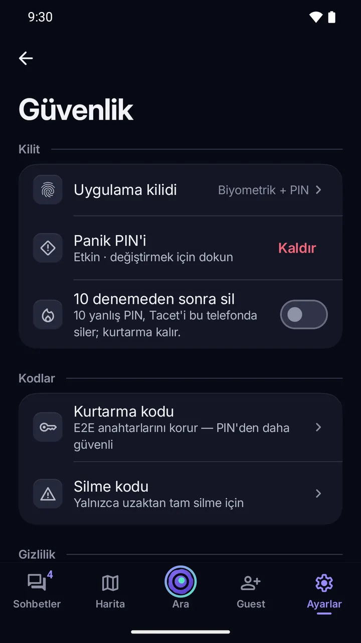 Ayarlar › Güvenlik: Biyometrik + PIN ile uygulama kilidi, etkin panik PIN’i, 10 denemeden sonra sil, kurtarma kodu ve silme kodu.