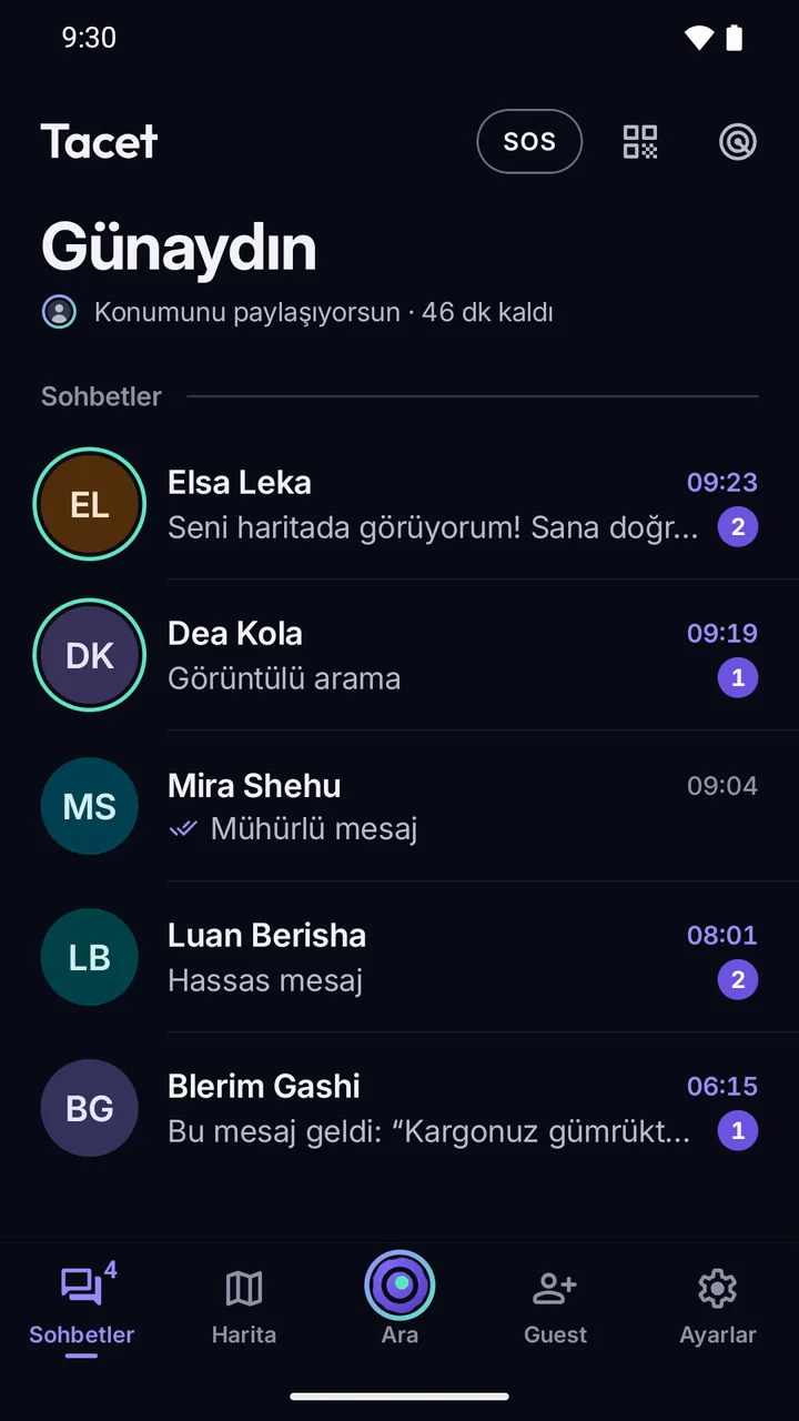 Sohbet listesi: önizlemeler metin yerine “Hassas mesaj” ve “Mühürlü mesaj” yazıyor.