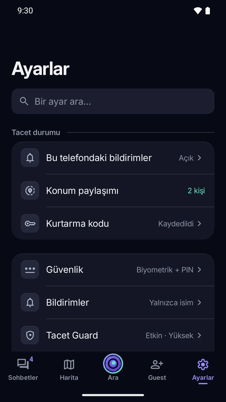Ayarlar: uygulamanın durumu (bildirimler, konum paylaşımı, kurtarma kodu) ve Güvenlik, Bildirimler ve Guard kategorileri.